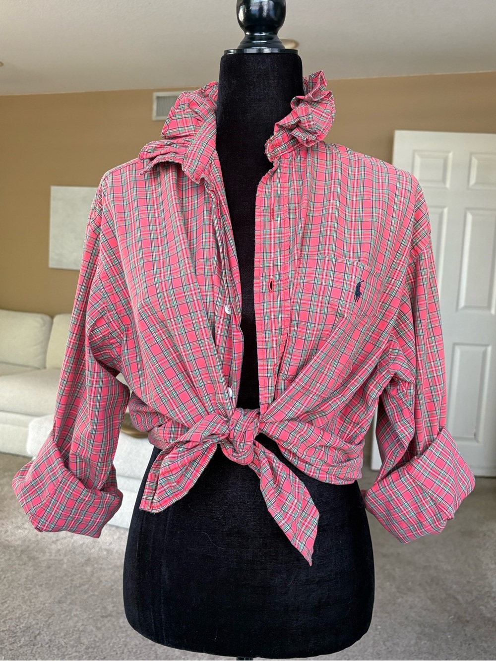 Reworked Ralph Lauren Christmas Plaid Ruffle Collar Button-Down Shirt size L